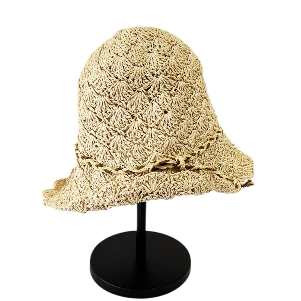 STRAW Crocheted Hat Vintage Inspired Straw Rope Trim One Size Stretchy